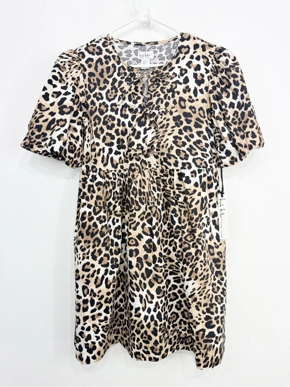 Nicole Miller Brown Black Leopard Print Puff Sleeve Baby Doll Mini Dress NEW